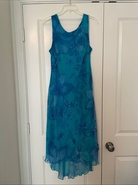 Vintage Y2K Believe Blue Aqua Watercolor Floral Chiffon High Low Dress